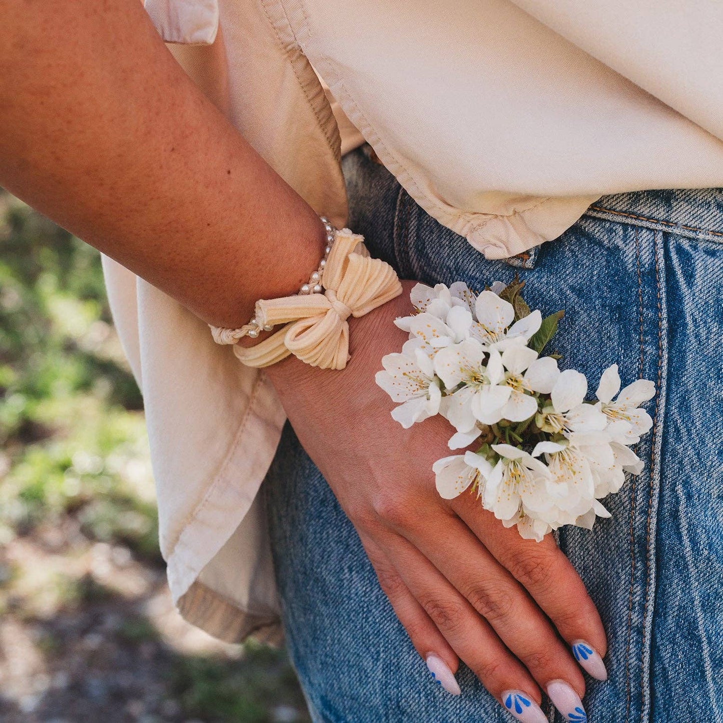 "Grace" - Pearls, Gold and Bows Hair Tie Bracelets